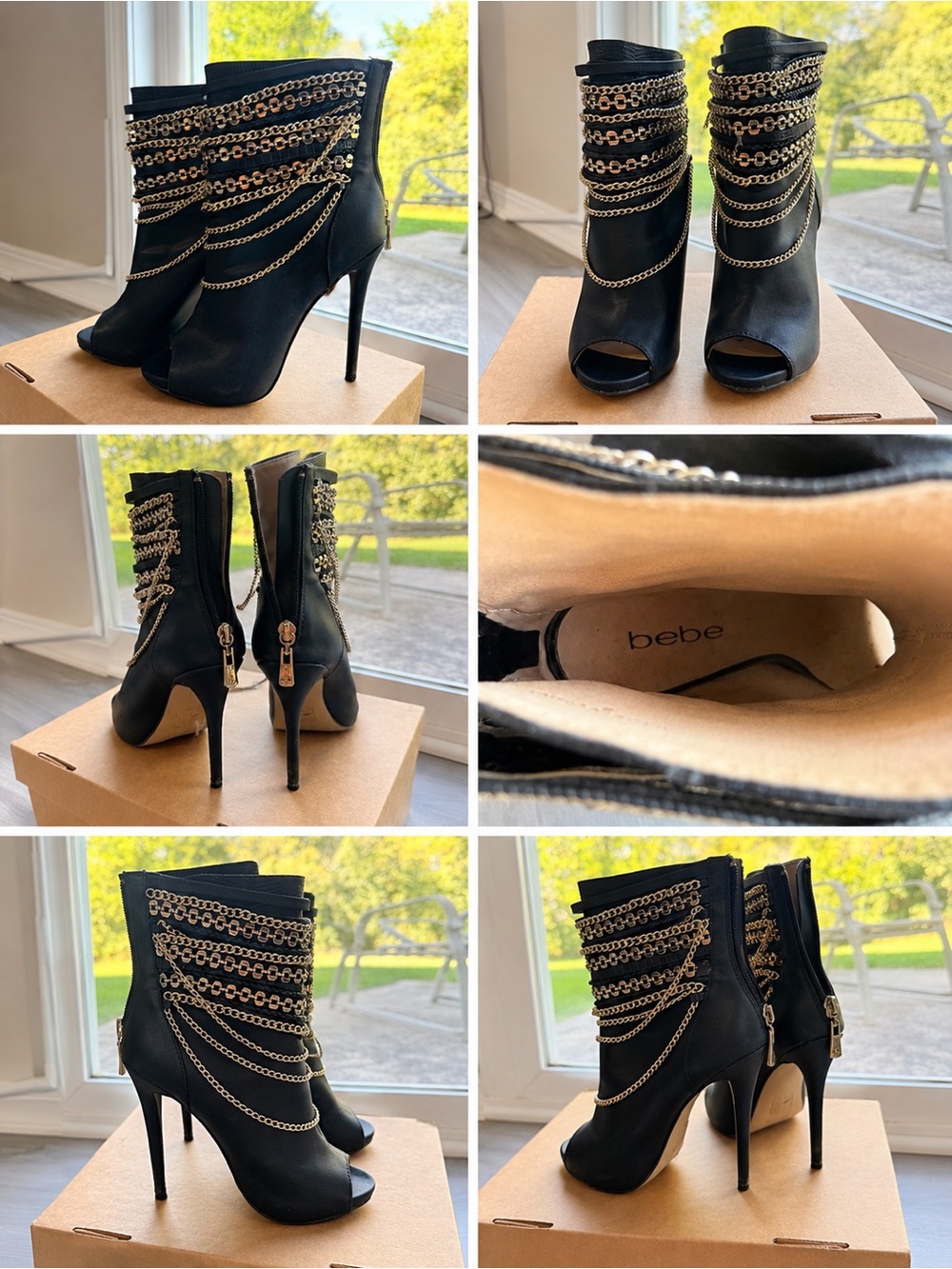 bebe Black Peep-Toe Stiletto Ankle Boots with Gold Chains